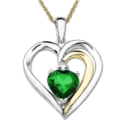 SG Emerald and Diamond Heart Pendant in 14K Gold and Sterling Silver