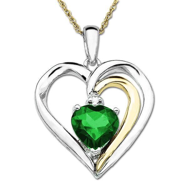 SG Emerald and Diamond Heart Pendant in 14K Gold and Sterling Silver
