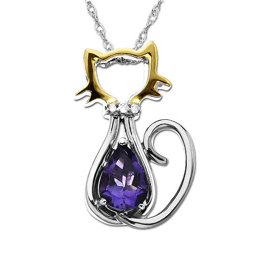 SG Amethyst and Diamond Cat Pendant in 14K Gold and Sterling Silver
