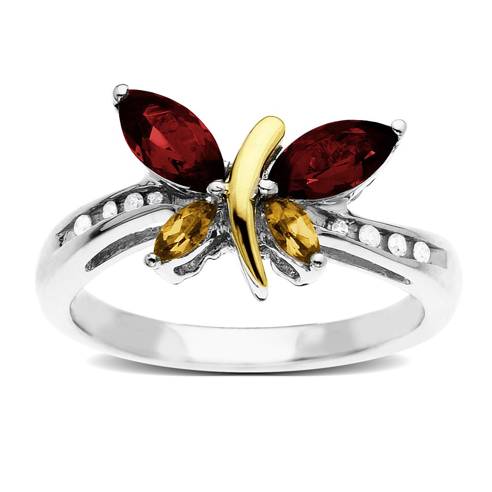 SG Citrine, Garnet and Diamond Accent Butterfly Ring. 14k Yellow Gold and Sterlin