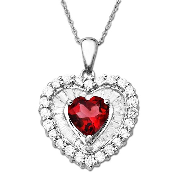 Created White Sapphire and Ruby Heart Pendant in Sterling Silver