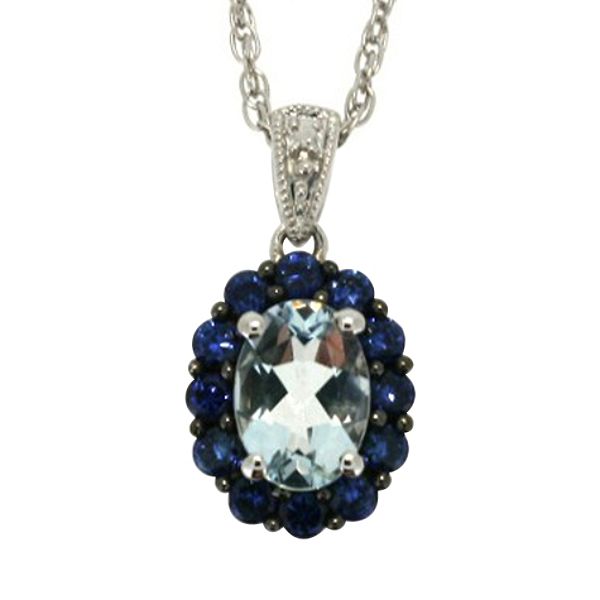 Aquamarine and Created Sapphire Oval Pendant in Sterling Silver