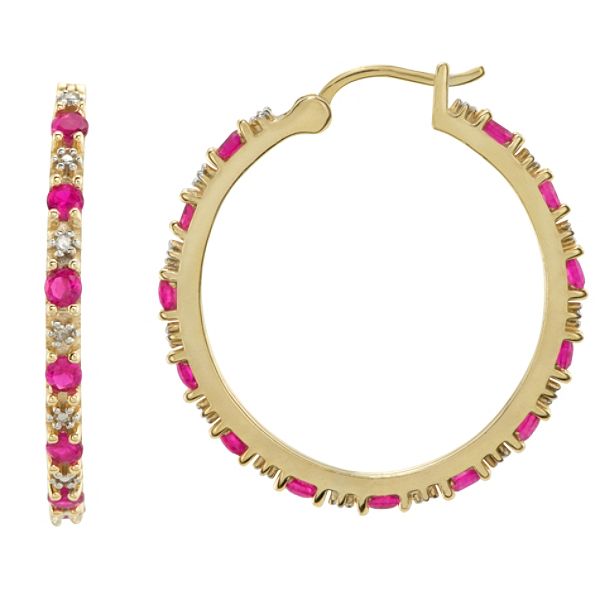 LC Ruby Hoop Earrings in 14K Gold Over Sterling Silver