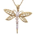 Andin International Pearl Dragonfly Pendant with Diamond Accents