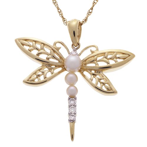 Andin International Pearl Dragonfly Pendant with Diamond Accents