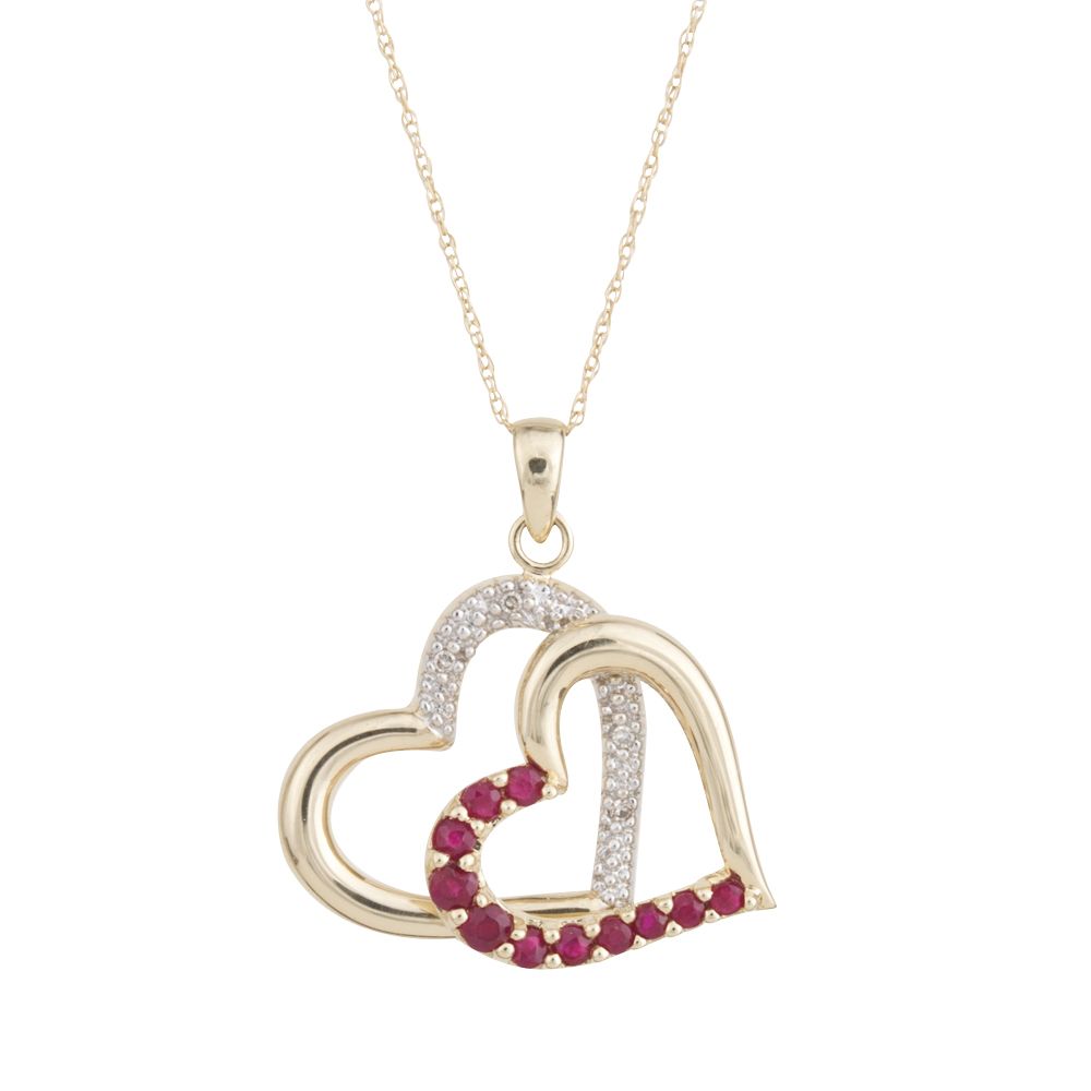 Ruby Double Heart Pendant with Diamond Accents and Chain