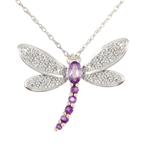 Amethyst and 10K White Gold Dragonfly Pendant with Diamond Accents