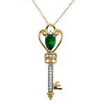 Andin International Emerald and Diamond Key Pendant. 10K Yellow Gold