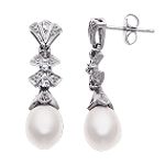 Andin International Pearl and Diamond Drop Earring. 10K White Gold