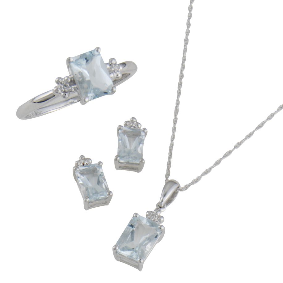 Aquamarine Ring, Pendant, and Earring Set with Diamond Accents