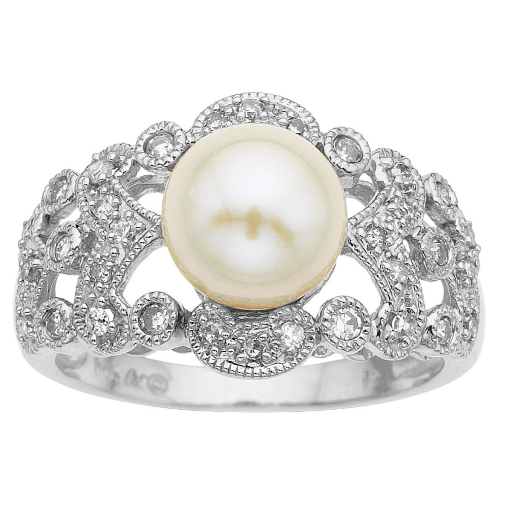 CLOSE-OUT - Pearl and Diamond Ring. 14K White Gold