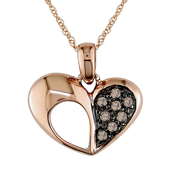 10K Pink Gold Heart Pendant with Chocolate Diamond Accents