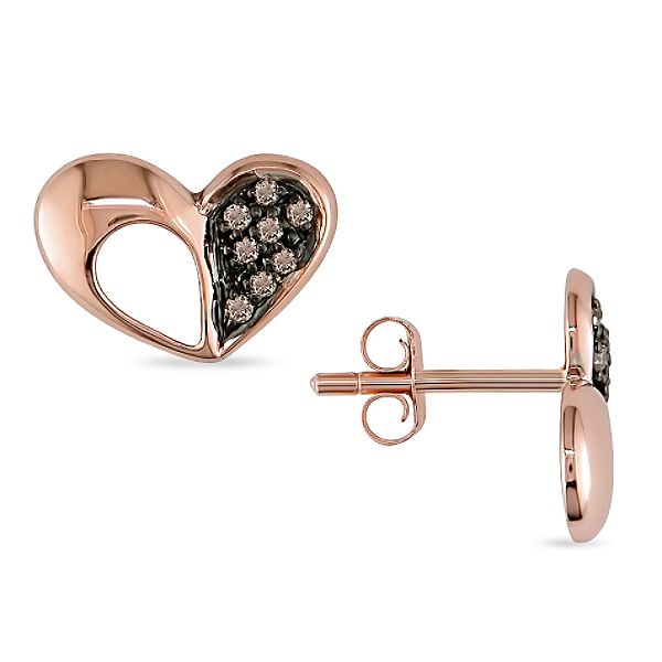 10K Pink Gold Heart Earrings with Chocolate Diamond Accents
