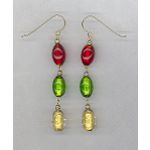 Sakoura Design Ltd. Red, Yellow,Green Venetian Glass Oval Shape dangle Earrings. 14k Yellow Gold