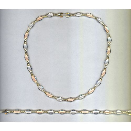 Oval Shape Necklace and Bracelet Set. 23K Tri-color Gold over Stainless Steel