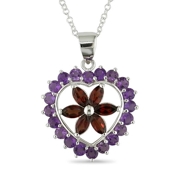 Amethyst and Garnet Heart Pendant in Sterling Silver