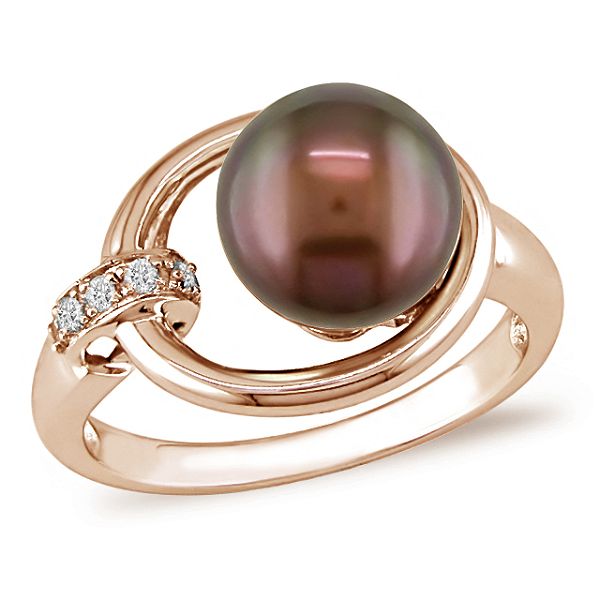 8-9mm Chocolate Pearl Ring in 10K Pink Gold with Diamond Accents
