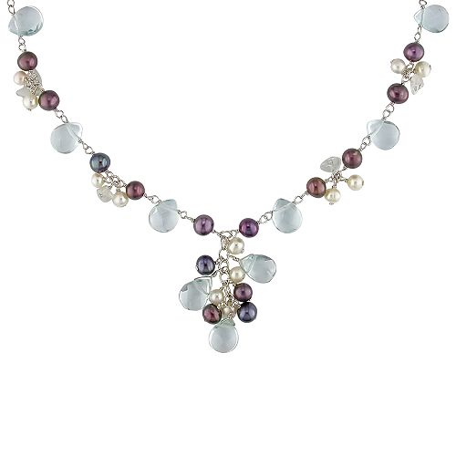 Black and White Freshwater Pearl and Blue Topaz Necklace in Sterling Silver
