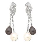 Andin International Grey and White Pearl Chain Drop Earrings with Diamond Accent