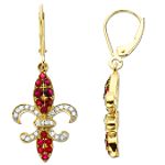 Andin International Ruby and 1/7Ct Diamond Fleur De Lis Drop Earrings