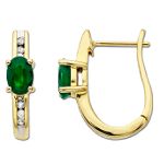 Andin International Oval Cut Emerald Hoop Earrings with Diamond Accent