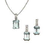KTL Jewelry Emerald Cut Aquamarine and Diamond Accent Pendant and Earrings Set