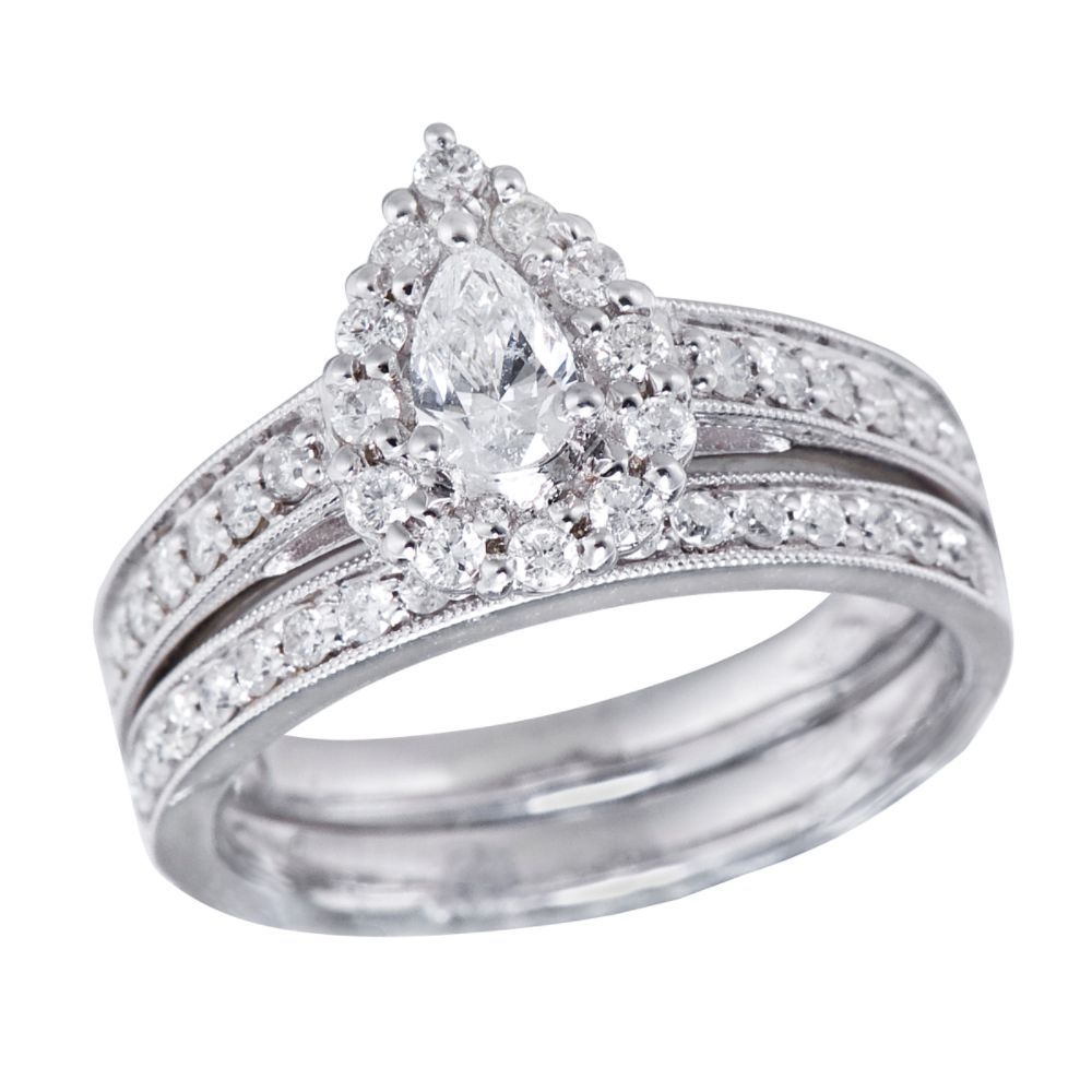 1 ct. t.w.* Princess Teardrop and Round Diamond Bridal Set in 14k White Gold