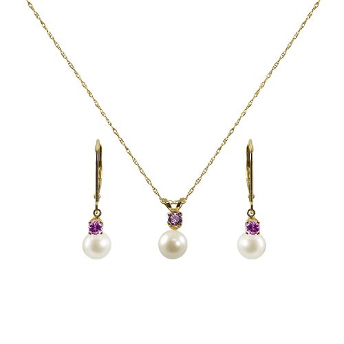 6-6.5mm Freshwater Pearl and Amethyst Pendant and Earring Set. 10K Yellow Gold