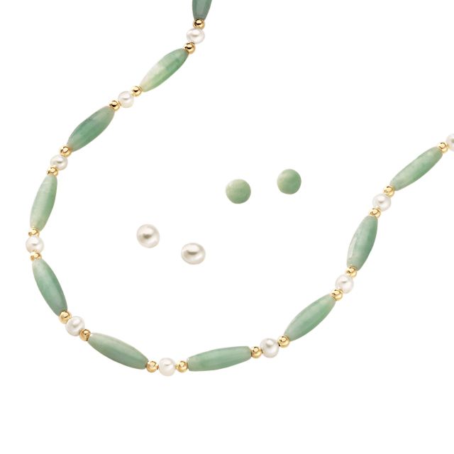 Green Jade and Pearl Necklace and Earrings Set
