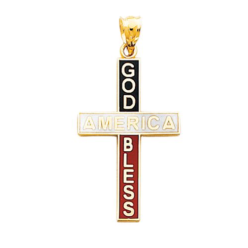Quality Gold 14k Yellow Gold Enameled God Bless USA Cross Charm