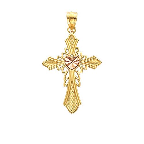 14K Two-tone Heart Cross Pendant