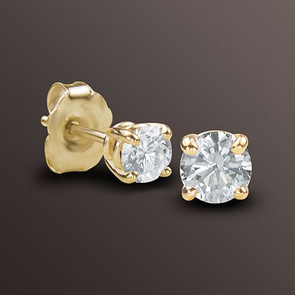 FINE Round Diamond Stud Earrings In 10K Yellow Gold H-I I1-I2
