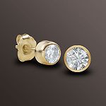 FINE Round Diamond Stud Earrings In 10K Yellow Gold Bezel Setting H-I I1