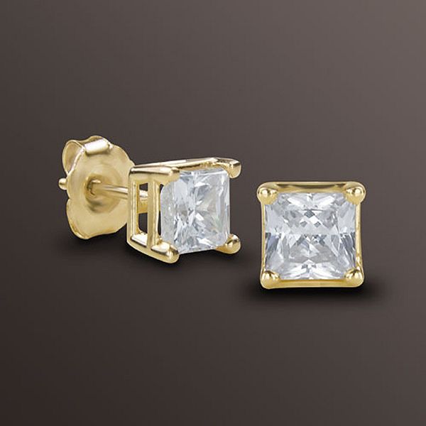 FINE Princess Diamond Stud Earrings In 14K Yellow Gold H-I I1-I2