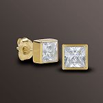 FINE Princess Diamond Stud Earrings In 14K Yellow Gold Bezel Setting H-I