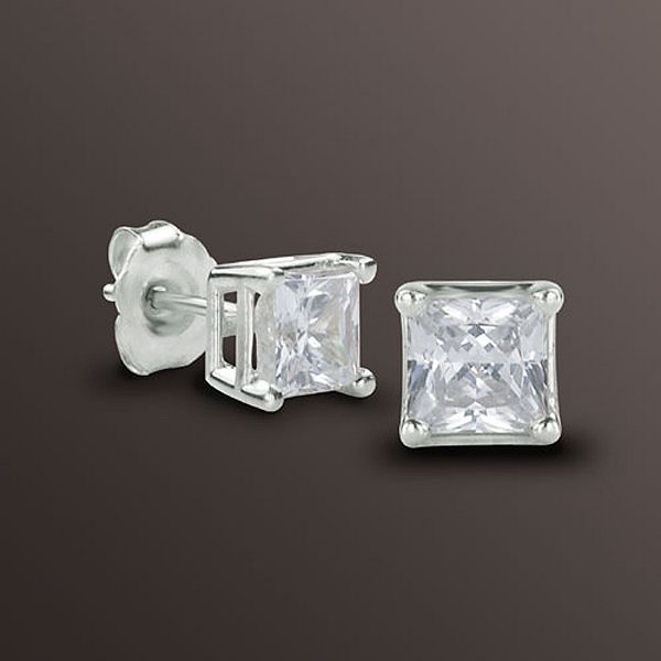 FINE Princess Diamond Stud Earrings In 14K White Gold H-I I1-I2