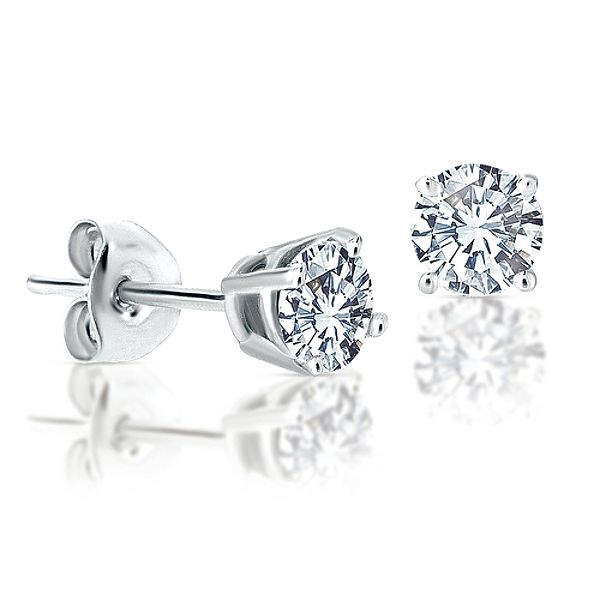 CLASSIC Round Diamond Stud Earrings In 14K White Gold. I-J I2-I3