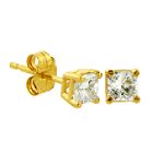 CLASSIC Princess Diamond Stud Earrings In 10K Yellow Gold. I-J I2-I3
