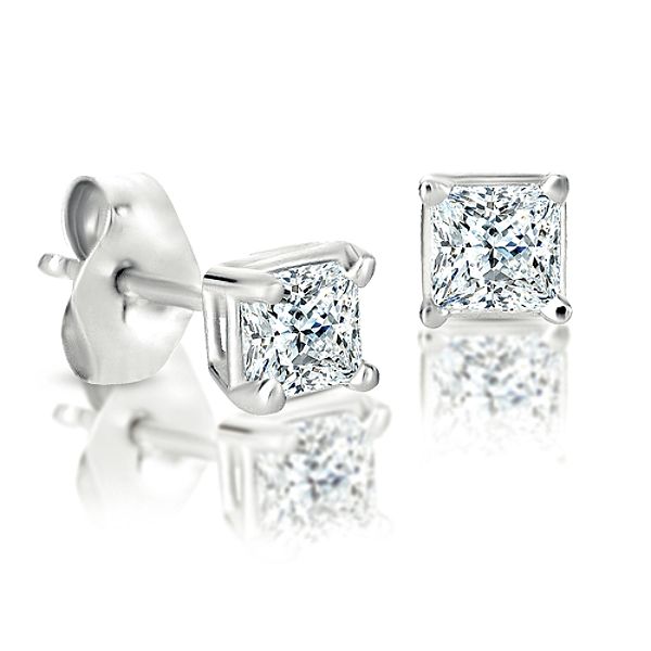 CLASSIC Princess Diamond Stud Earrings In 14K White Gold. I-J I2-I3