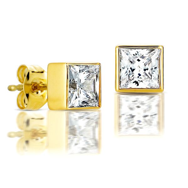 CLASSIC Princess Diamond Stud Earrings In 10K Yellow Gold. I-J I2-I3