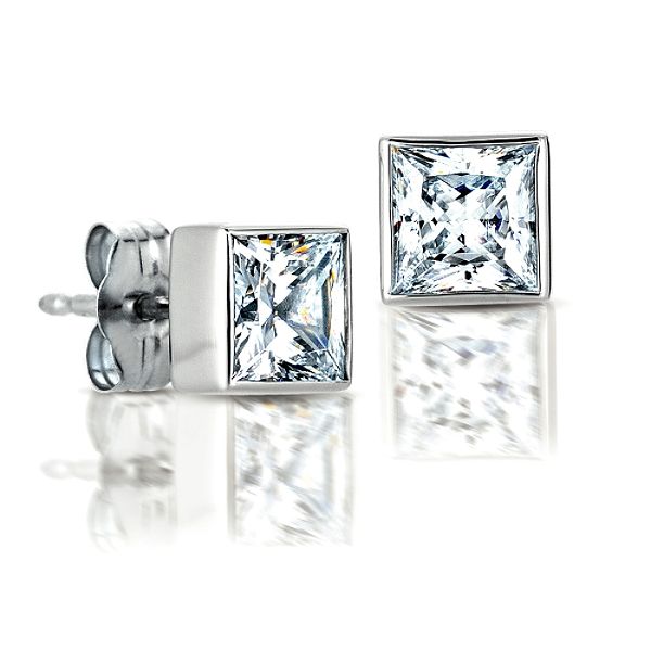 CLASSIC Princess Diamond Stud Earrings In 10K White Gold. I-J I2-I3