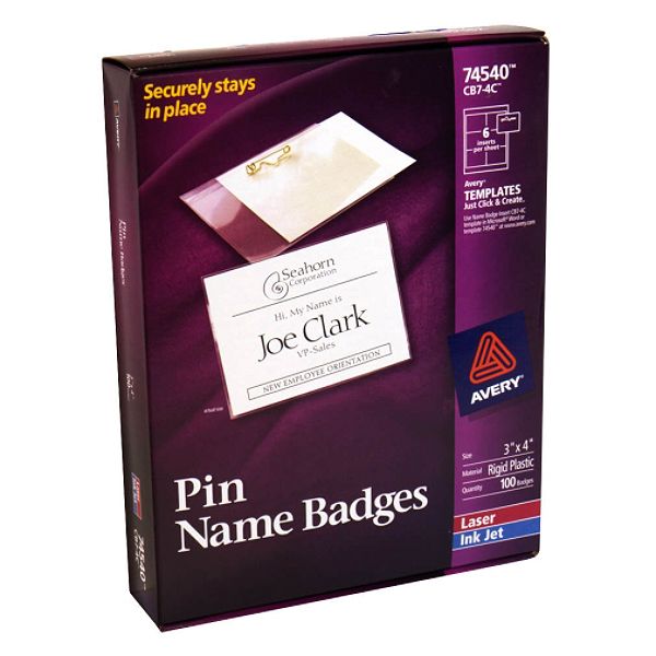 Avery Pin Name Badges, Laser/Ink Jet, 100 badges
