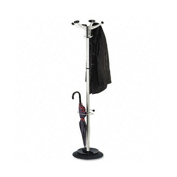 Alba Coat Rack w/Umbrella Holder, 6 Knobs/Hooks, Silver