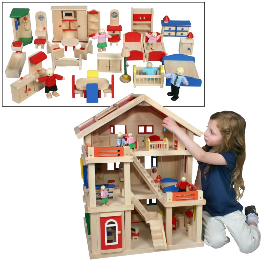 Deluxe Wooden Dollhouse with Accessories