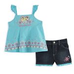Disney Princess Girl's 4-6x Flutter Sleeve Woven Top with Ruffle Trimmed Denim Short