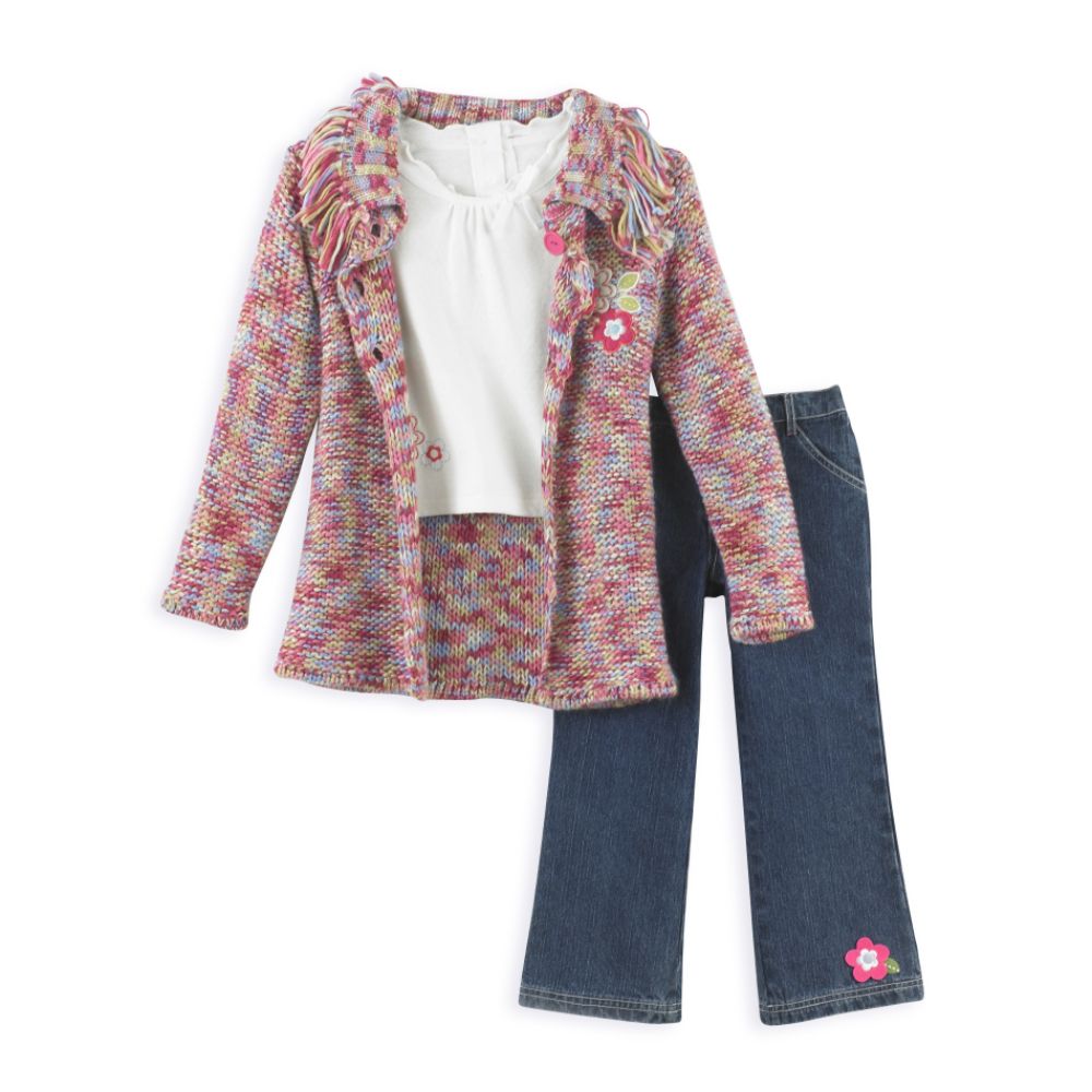 Kids Play Girl's 4-6x 3-Piece Fringe Sweater, Denim Pant Set
