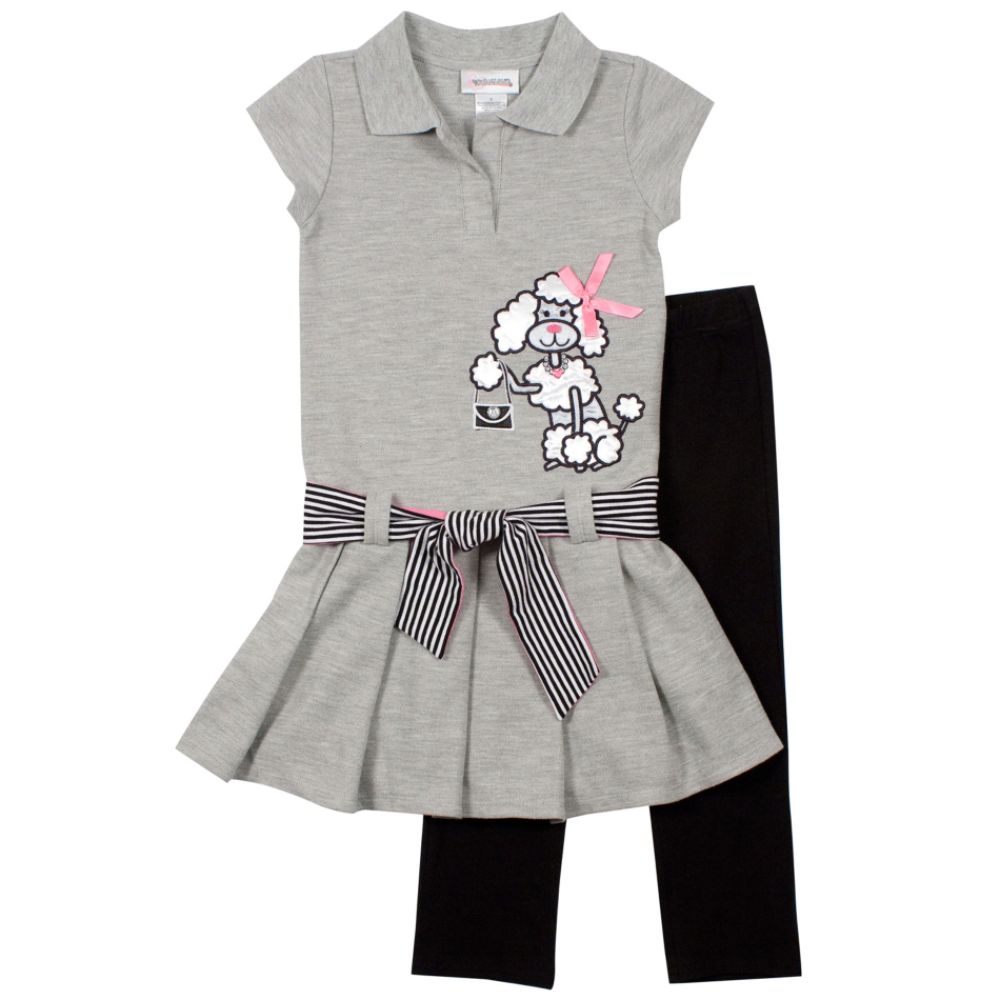 Youngland Girl's 4-6x Short Sleeve Polo Dress with Poodle Applique & Leggings