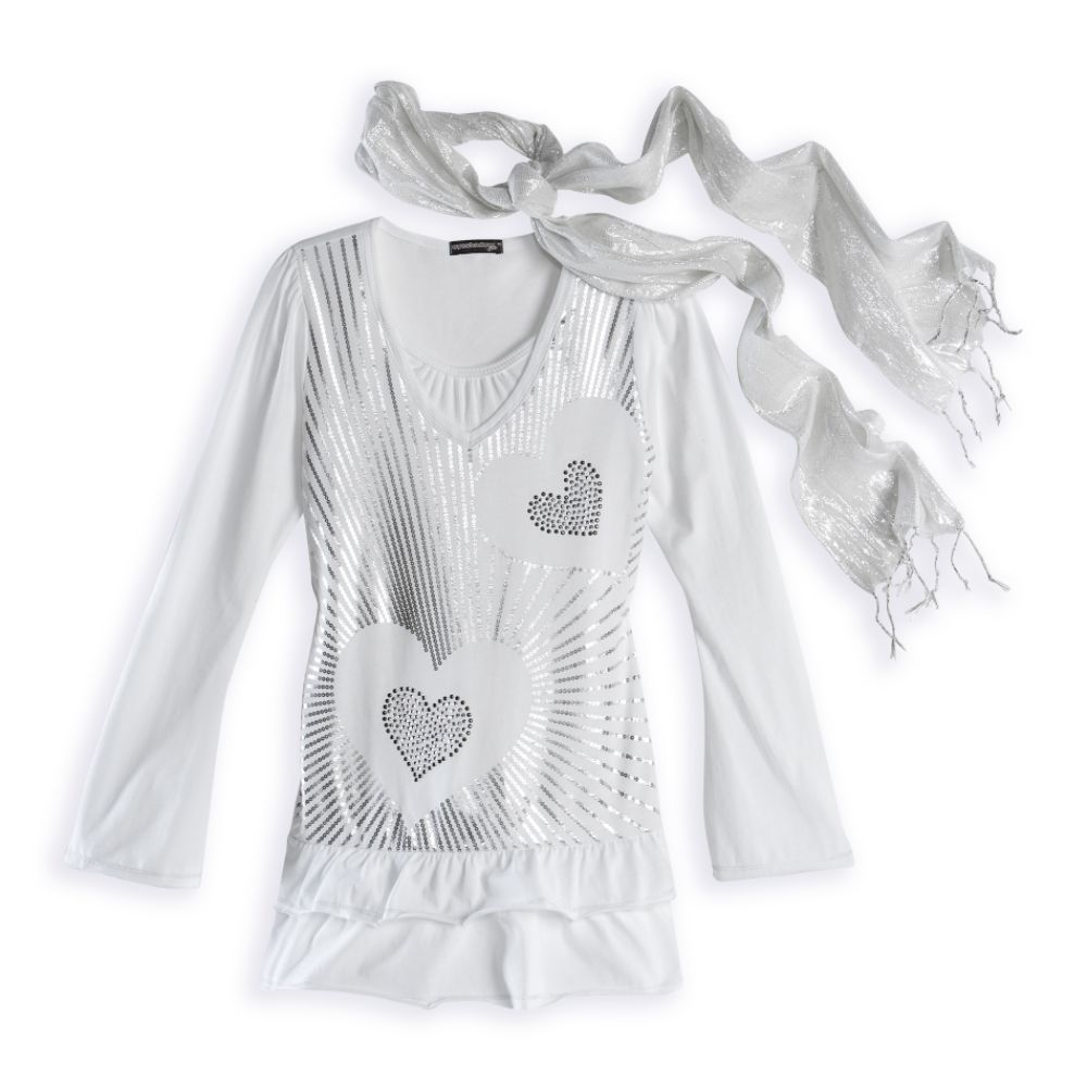 Eyeshadow Girls' Plus Long Sleeve Heart Sequin Top with Scarf