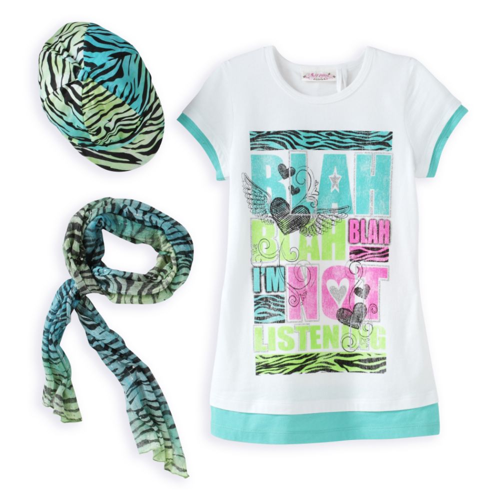 Self Esteem Girl's Plus "Blah Blah" Screen Tee with Animal Print Hat & Scarf