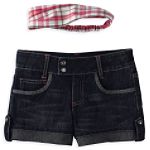 Canyon River Blues Girl's Plus Roll Leg Reverse Denim Short with Plaid Hair Sash